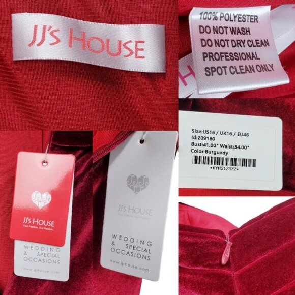 JJs House Womens Burgundy Red Velvet Pleated Side Slit Gown Dress Size 16 NWT - Picture 8 of 8
